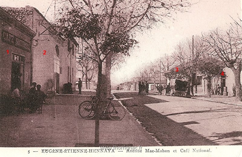 hpqscan0007.jpg - L'avenue Mac-Mahon N° 1 : Le café Le national - N° 2 : La gendarmerie - N° 3 : La poste - N° 4 : L'épicerie Mimoun Touati 