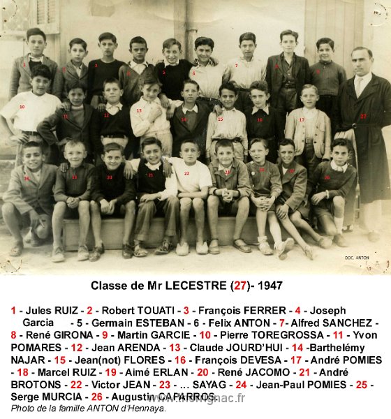 Classe Hennaya 1947.jpg - Classe 1947 de Mr Lecestre.Identification Famille Anton.
