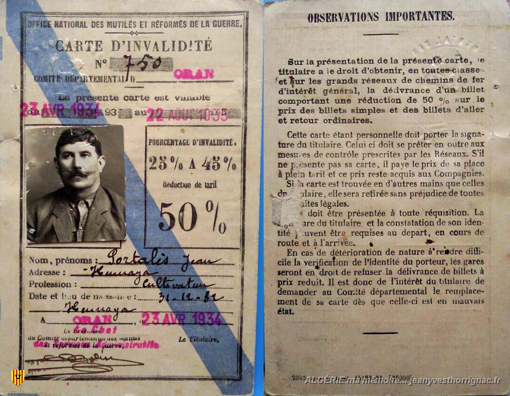 Carte invalidite Portales Jean Pierre.jpg - Carte d'invalidité de Jean-Pierre Portalès - 1934